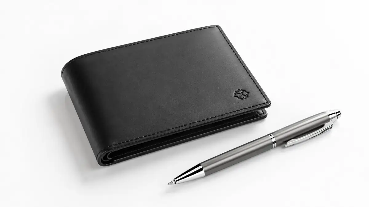 A sleek leather wallet and a premium pen resting on a clean white desk, representing the first step in learning how to create a monthly budget.