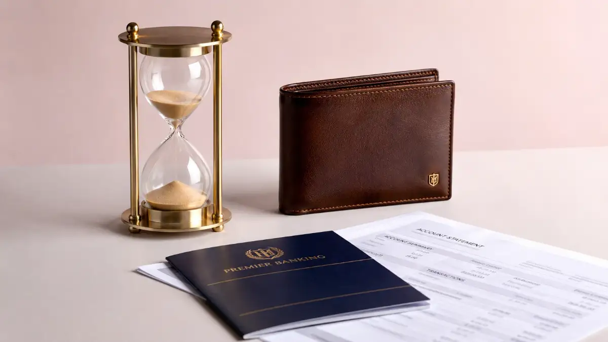 A minimalist and professional view of an hourglass and a leather wallet, representing the urgency and care needed when you missed a personal loan EMI.